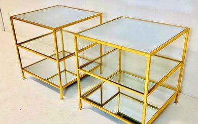 SIDE TABLES, a pair, gilt metal frames with three glass shel...