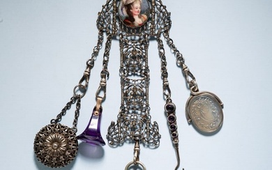 SILVER CHATELAINE WITH HAND PAINTED PORTRAIT AND POCKET WATCH.