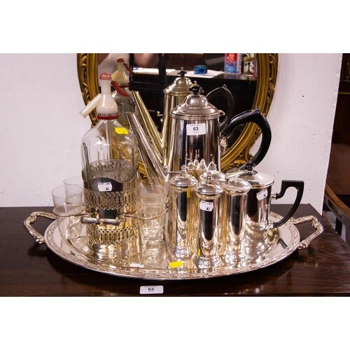 SILVER PLATED TRAY, SIPHON, COFFEE POTS + 2 SALT + PEPPERS
