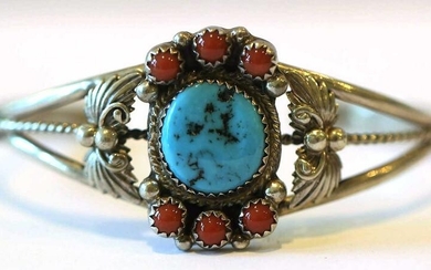 STERLING SILVER TURQUOISE & RED CORAL BRACELET