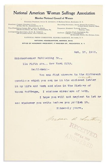 (SUFFRAGISTS.) ANTHONY, SUSAN B. Typed Letter Signed