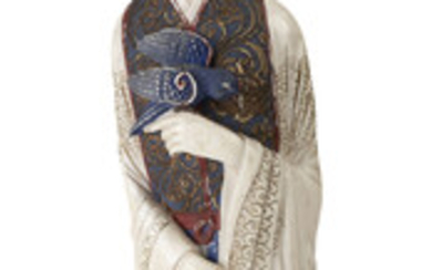 Sculpture en ivoire avec rehauts de polychromie représentant une femme debout devant une table, Chine, XXe s., souriante, portant un haut c