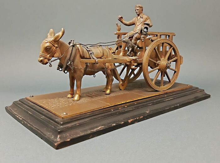 Scuola Napoletana - Sculpture, Cart with donkey - Bronze (patinated) - Mid 20th century