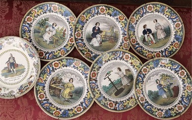 Series of six decorative earthenware plates, Creil Manufacture France, mid-19th century