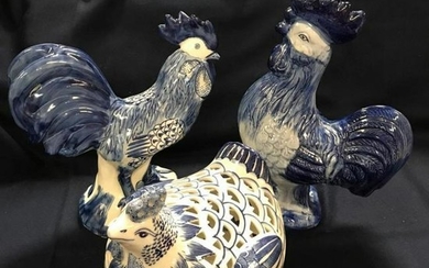 Set of Blue & White Ceramic Roosters Hen Kitchen