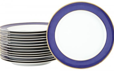Set of Fourteen Mottahedeh Blue and Gold Bordered Porcelain Chargers Diameter 12 3/4 inches (32.4 cm).