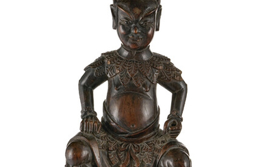 Shennong, Dieu de la médecine, assis, sculpture en bois, Chine, h. 22 cm
