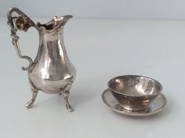 Silver miniature, Antique Silver Miniature Pitcher and Bowl with Saucer (2) - .833 silver - Frederik van Strant II, Amsterdam, 1739 & Hendrik Duller, Amsterdam, 1776-1811 - Netherlands - 18th century