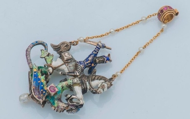 Silver pendant (800 thousandths) representing Saint George slaying the dragon, the horse in white enamel and a diamond in closed setting, Saint George in blue enamel, the wings of the dragon in polychrome enamel retaining a ruby in closed setting, an...