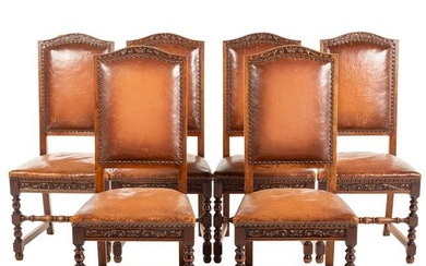 Six Jacobean Revival Leather & Oak Dining Chairs