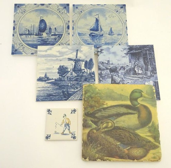 Six assorted ceramic tiles, comprising two blue and