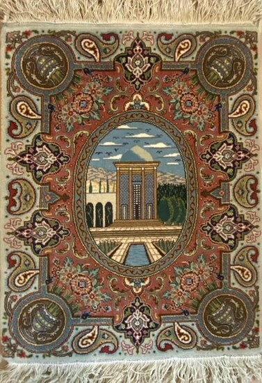 Small Hand Knotted Persian Tabriz Pictorial Rug