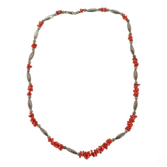Southwest Navajo Coral and Silver Beaded Necklace