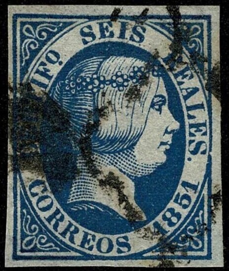 Spain - Isabella II. 6 reales blue. Black spider-type postmark - Edifil 10