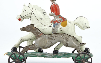 Squire on Horse Back Running with Grey Hound Tin Toy