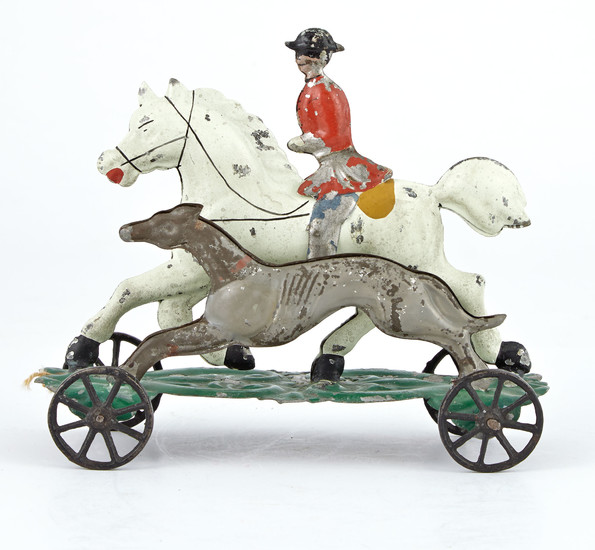 Squire on Horse Back Running with Grey Hound Tin Toy