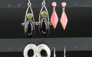 Sterling Black Onyx, Peridot and Rhodochrosite Earrings