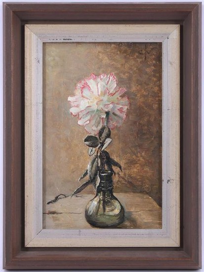 Still life with carnation in glass vase, board 24x16 cm