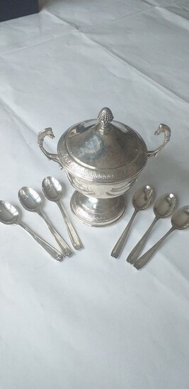 Sugar caster, handmade, 6 coffee spoons - .800 silver - Italy - Late 20th century