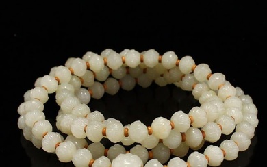 Superb Chinese Natural Hetian Jade Carved Lotus Flower Beads Necklace/Bracelet