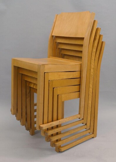 Sven Markelius (Swedish 1889-1972), a set of five stacking orchestra chairs, produced by Svenska Mobelfabrikerna, Bodafors, c.1932, The birch ply back rails and seats on square tapering solid birch supports, Each 80.5cm high, 43.5cm wide (5) Note:...