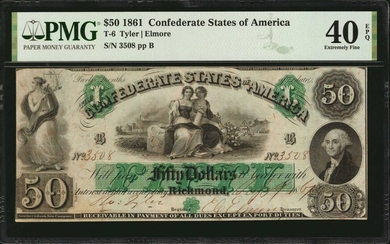 T-6. Confederate Currency. 1861 $50. PMG Extremely Fine 40 EPQ.