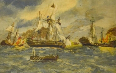 T. Daniels Oil on Tin Battle With Pirate Ships