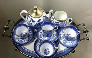 TEA COFFEE SET, 19C CHINOISERIE COPELAND SPODE MANDARIN BLUE & WHITE WILLOW, 11-PIECE A 19th