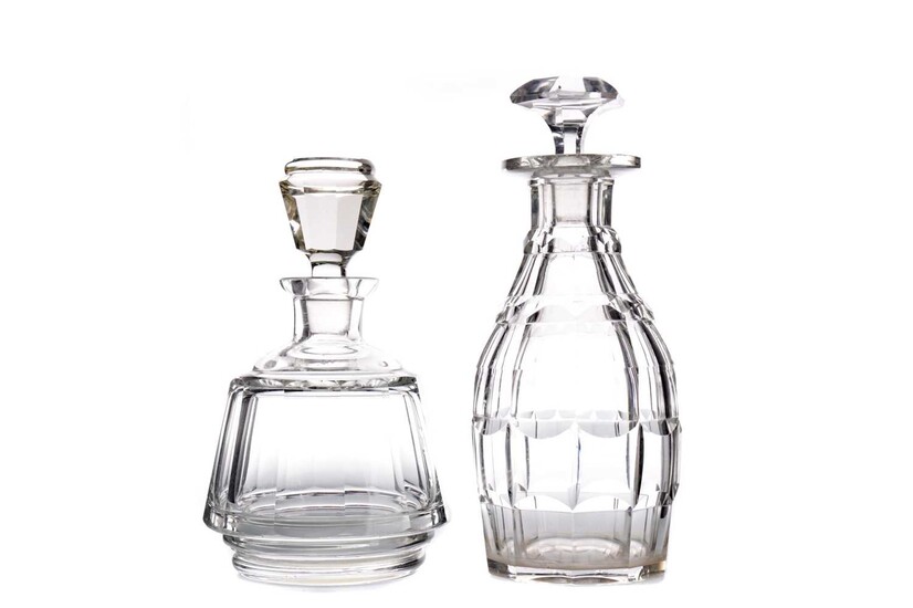 THREE 19TH CENTURY CUT GLASS DECANTERS, ALONG WITH A VASE
