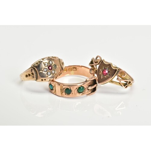 THREE LATE 19TH TO EARLY 20TH CENTURY 9CT GOLD GEM SET RINGS...