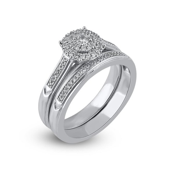 TJD 0.33 Carat Natural Round Diamond 14 Karat White Gold Cluster Bridal Ring Set