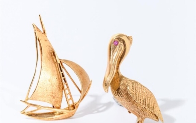 TWO 14K TEXTURED YELLOW GOLD MARINE-THEME PINS. Including pelican with...
