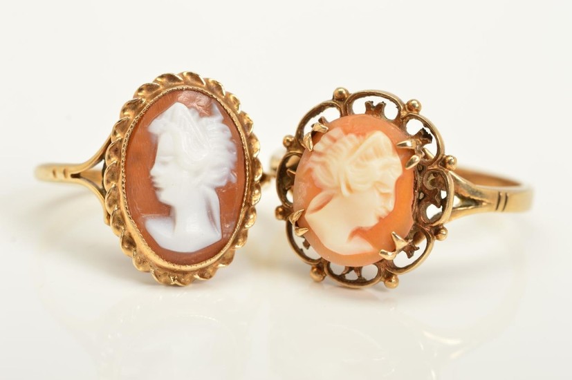 TWO 9CT GOLD CAMEO RINGS, both designed with oval cameos dep...