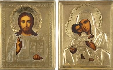 TWO SMALL ICONS WITH OKLAD SHOWING CHRIST PANTOKRATOR AND T