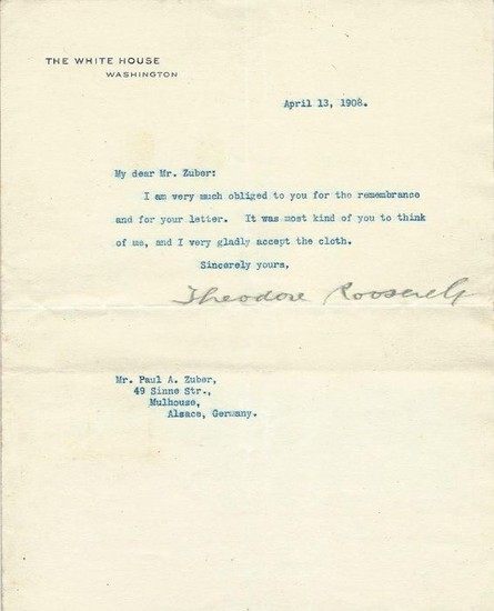 Théodore Roosevelt [like Président of The United States] - Typed signed letter - 1908