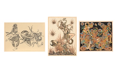 Three Balinese drawings on paper, mixed media, unframed. Attributed to: 1) Ketut Tungeh (28.5 x 32 cm), 2) I Wayan Kuplir (grey, 39 x 27.5 cm) and 3) Anak Agung Gde Raka Pudja (33.5 x 24.5 cm). Provenance: Collection A.A. Ros.