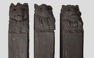 Three Carved Wooden Beams with Lion's Heads from the