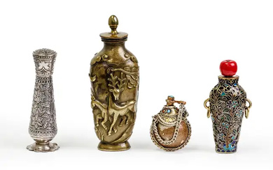 Three Chinese metal snuff bottles and one Indian white metal snuff bottle...