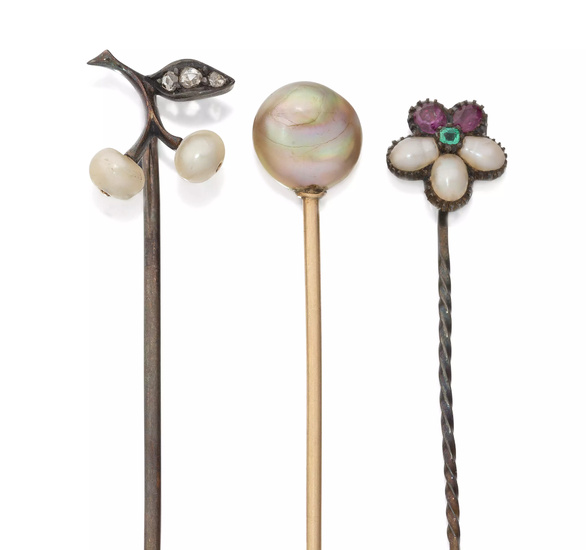 Three gem stick pins, comprising: a rose-cut diamond and seed...