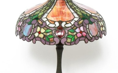 Tiffany Manner Bronze & Leaded Glass Table Lamp