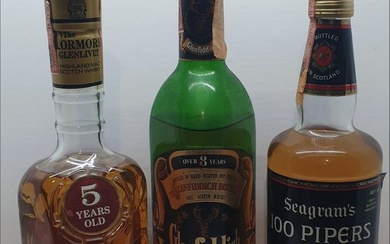 Tormore 5yo + Glenfiddich 8yo + Seagram's 100 Pipers - b. 1970s, 1980s - 75cl - 3 bottles