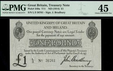 Treasury Series, John Bradbury, second issue £1, ND (23 October 1914), serial number L/3 36761,...