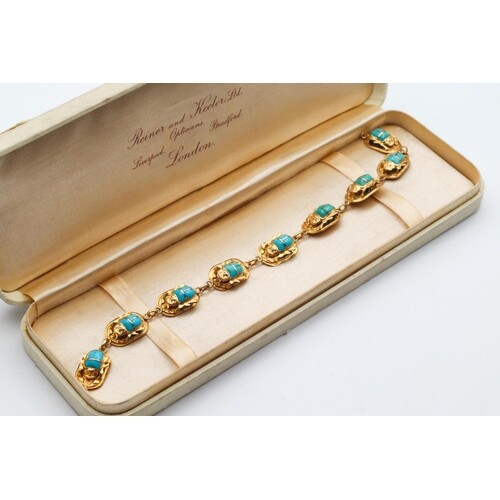 Turquoise Scarab Motif Decorated Articulated Bracelet Mounte...
