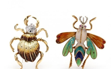 Two 18KT Gold, Enamel, and Gem-Set Brooches, Italy