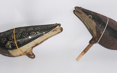 Two Antique Pressed Metal Tin Shorebird Decoys