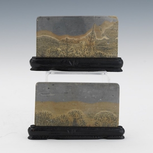 Two Chinese Scholar "Landscape" Hardstones on Stands, in Presentation Box