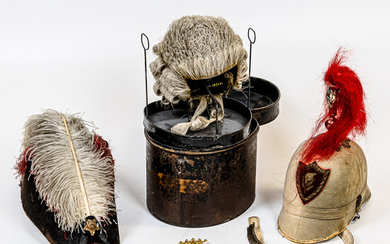 Two Fraternal Hats, a Wig in a Tin Box, and a Group of Medals