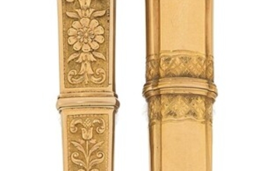 Two French gold bodkin/needle cases, 19th century, one of flat tapering form embossed with flowers, the interior with bodkin, struck with guarantee mark, approx. length 7.2cm; the other with embossed bands of trellis-work, approx. length 7.5cm...