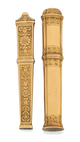 Two French gold bodkin/needle cases, 19th century, one of flat tapering form embossed with flowers, the interior with bodkin, struck with guarantee mark, approx. length 7.2cm; the other with embossed bands of trellis-work, approx. length 7.5cm...