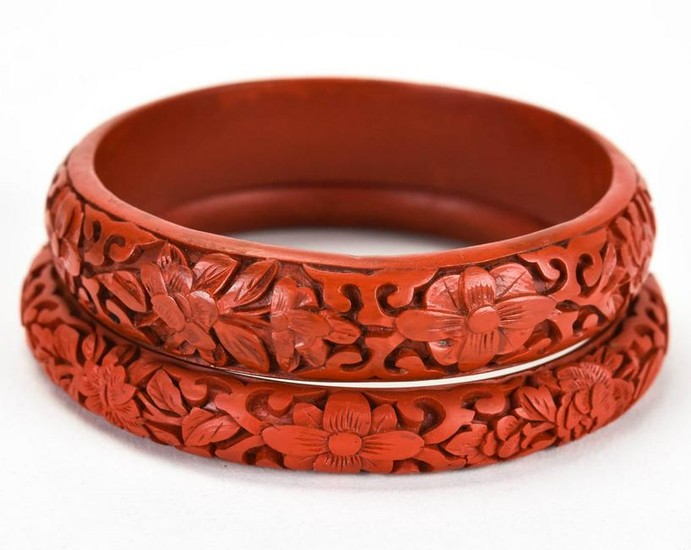 Two Vintage Hand Carved Cinnabar Bangle Bracelets